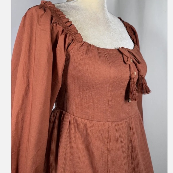 NWT Chelsea Violet Girls Mixed Media Puff Sleeve Smocked Back Dress in Rust - Picture 2 of 10